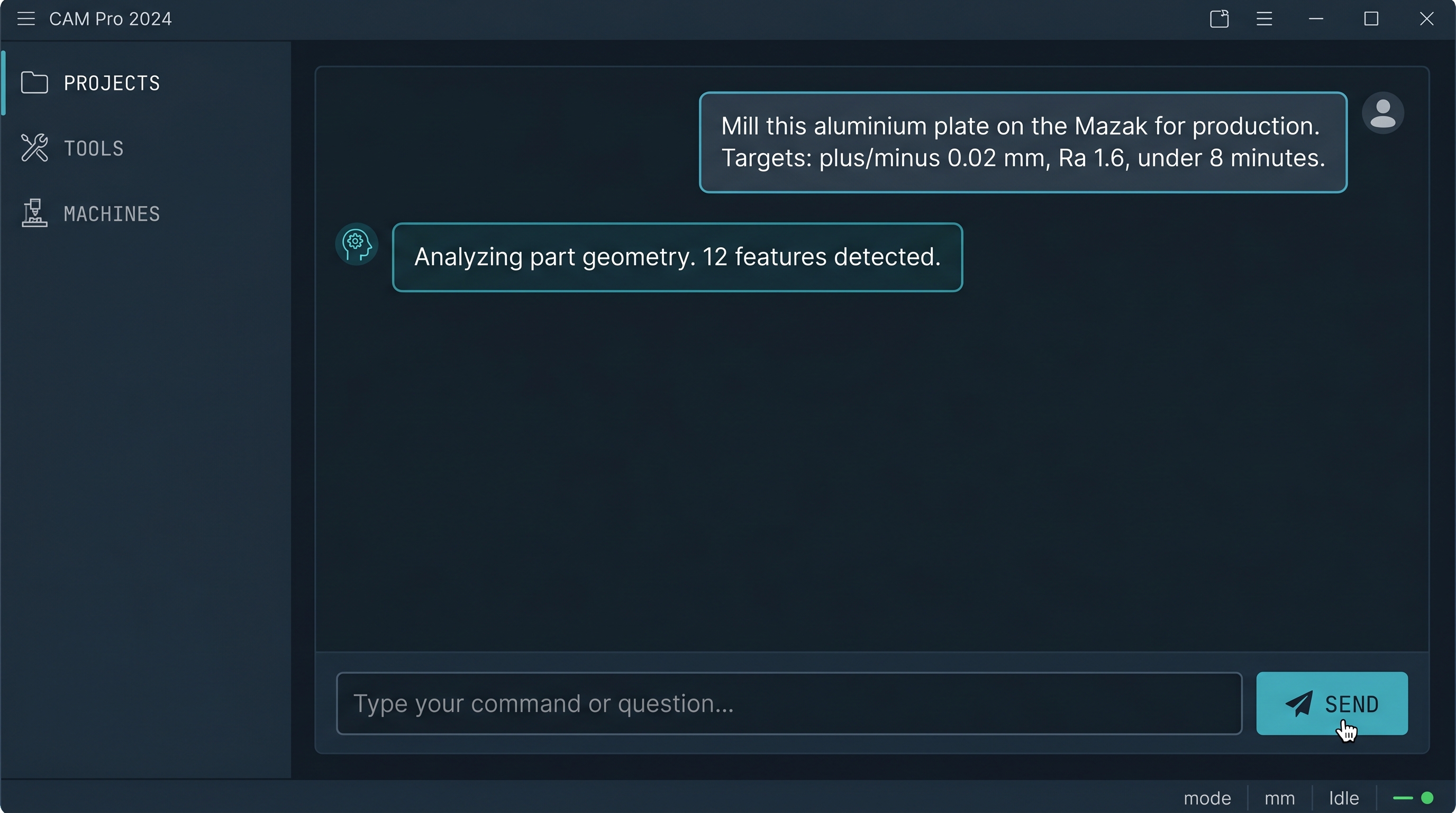 Chat panel with a prompt describing a milling job and the assistant's analysis response.