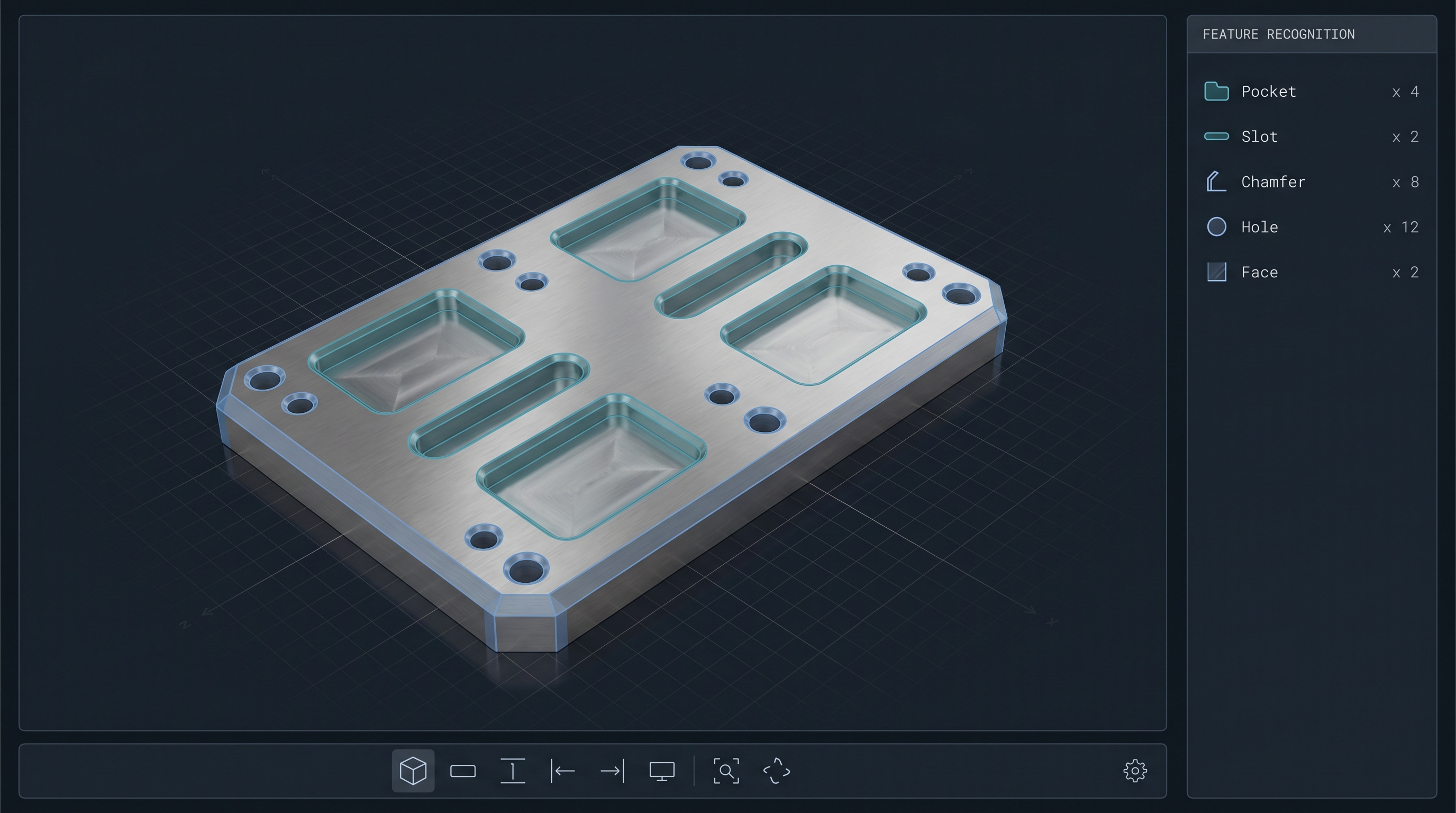 3D viewer highlighting recognised machining features on an aluminium plate, with a feature recognition list panel.