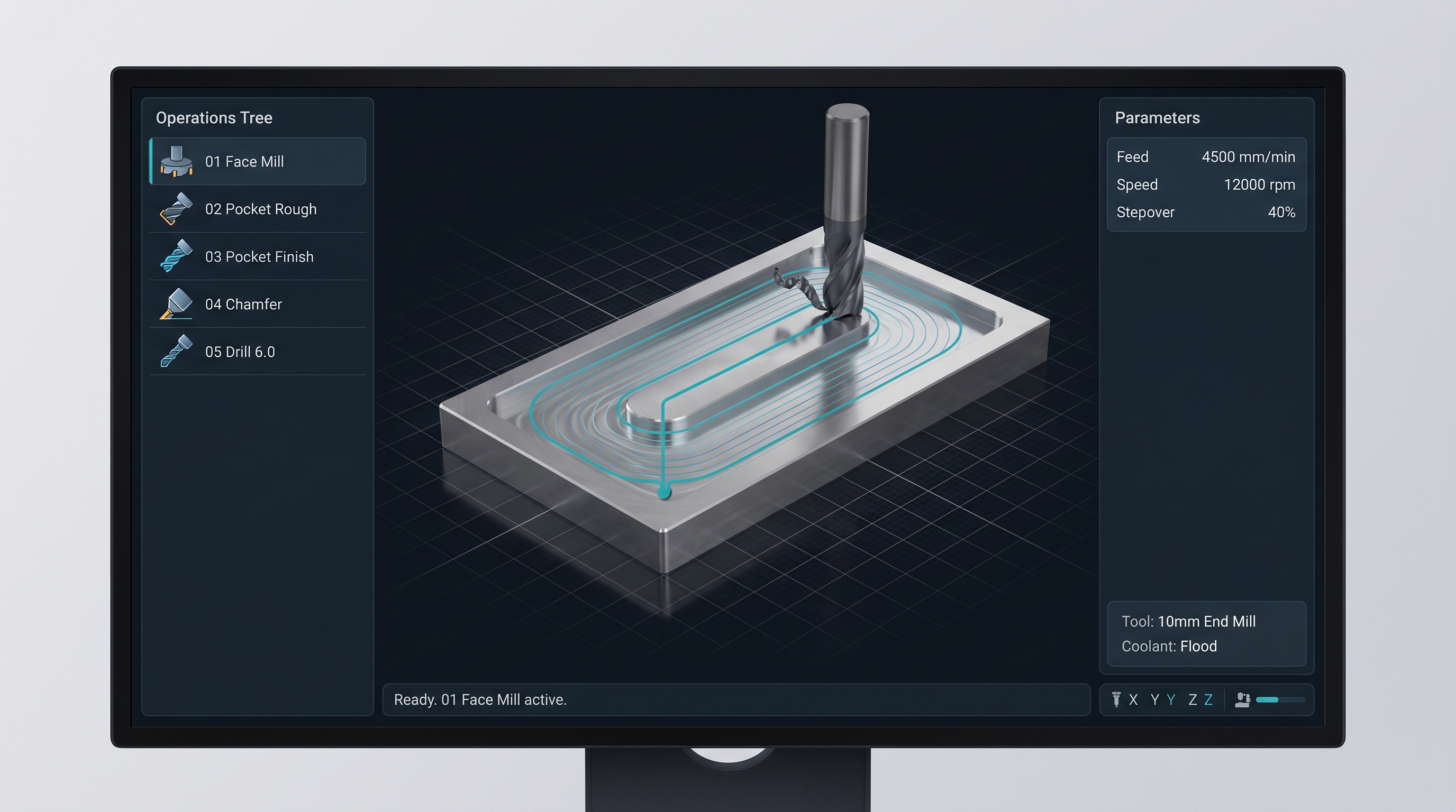Operations tree, 3D viewport with an end mill cutting the part, and a parameters panel.