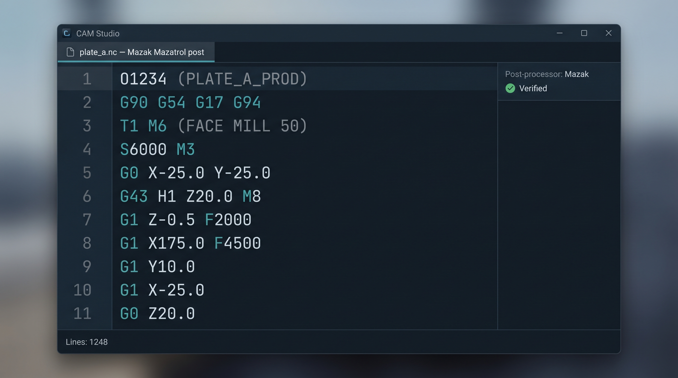 G-code editor showing the program for a milling job, verified against a Mazak post-processor.